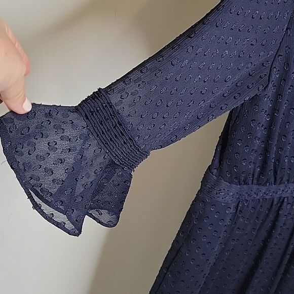 4 BANANA REPUBLIC CLASSIC CHIFFON SWISS DOT FLUTTER SLEEVE NAVY BLUE LINED DRESS - Picture 5 of 14